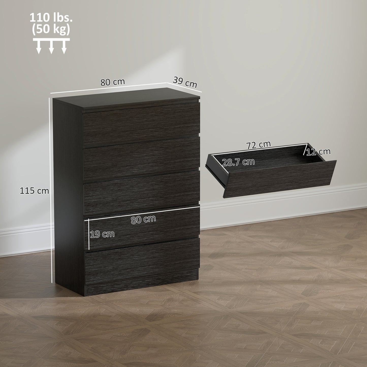 HOMCOM Chest of Drawers, 5 Drawer Dresser, Modern Storage Cabinet with 5 Drawers, for Bedroom, Living Room, Black