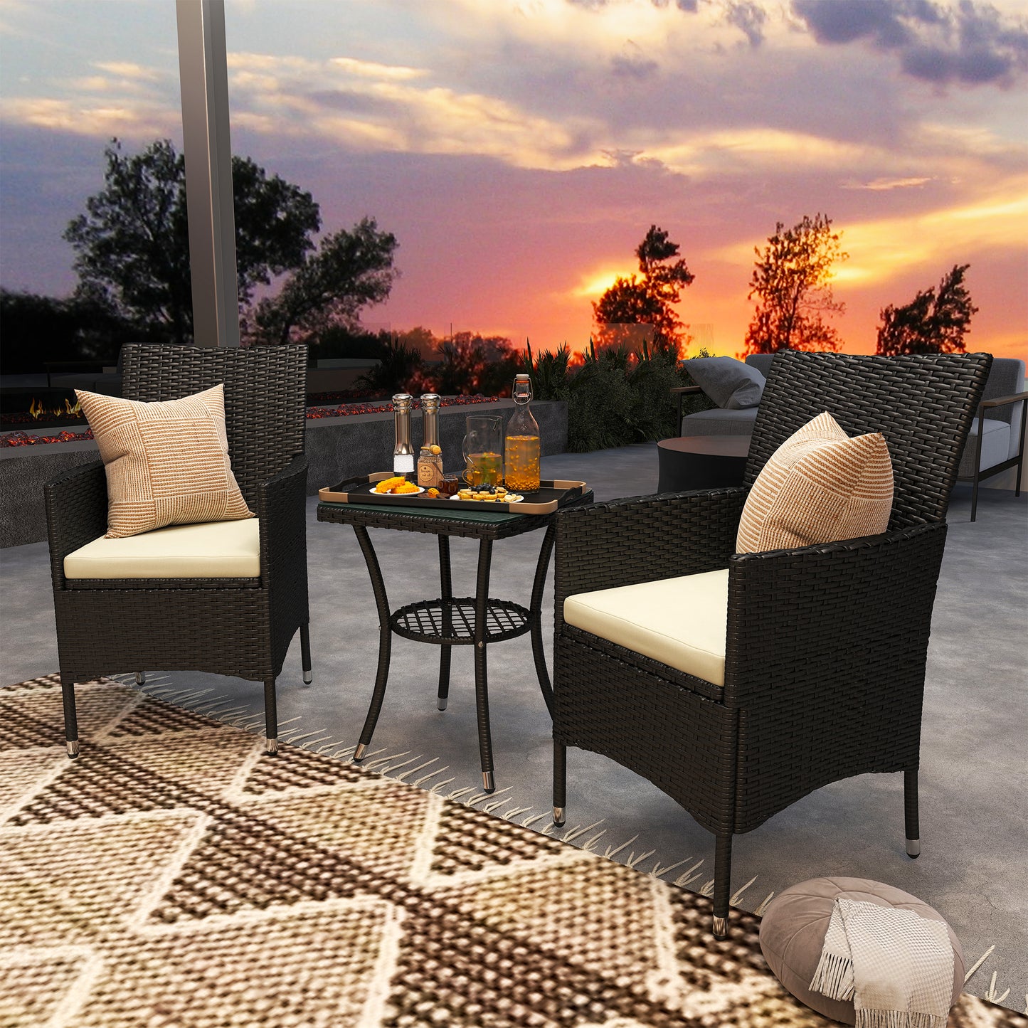 Outsunny 3 Pieces Rattan Bistro Set, Wicker Garden Furniture Set with 2-Tier Coffee Table and Chairs, Cushions, for Outdoor Patio Balcony, Black--ChewyGames-ChewyGames