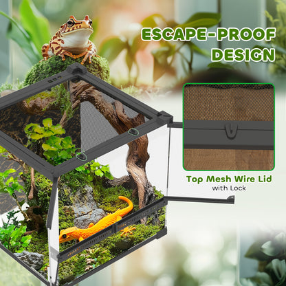 PawHut Reptile Glass Terrarium with Stone Background, Front Ventilation, Escape-Proof Knob Lock, 30 x 30 x 30 cm, Black