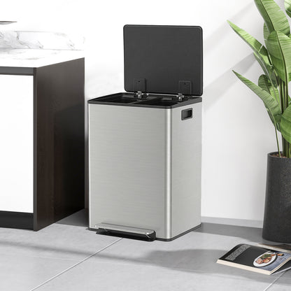 HOMCOM 60L Dual Compartment Stainless Steel Bin, with Deodoriser Holders - Silver Tone