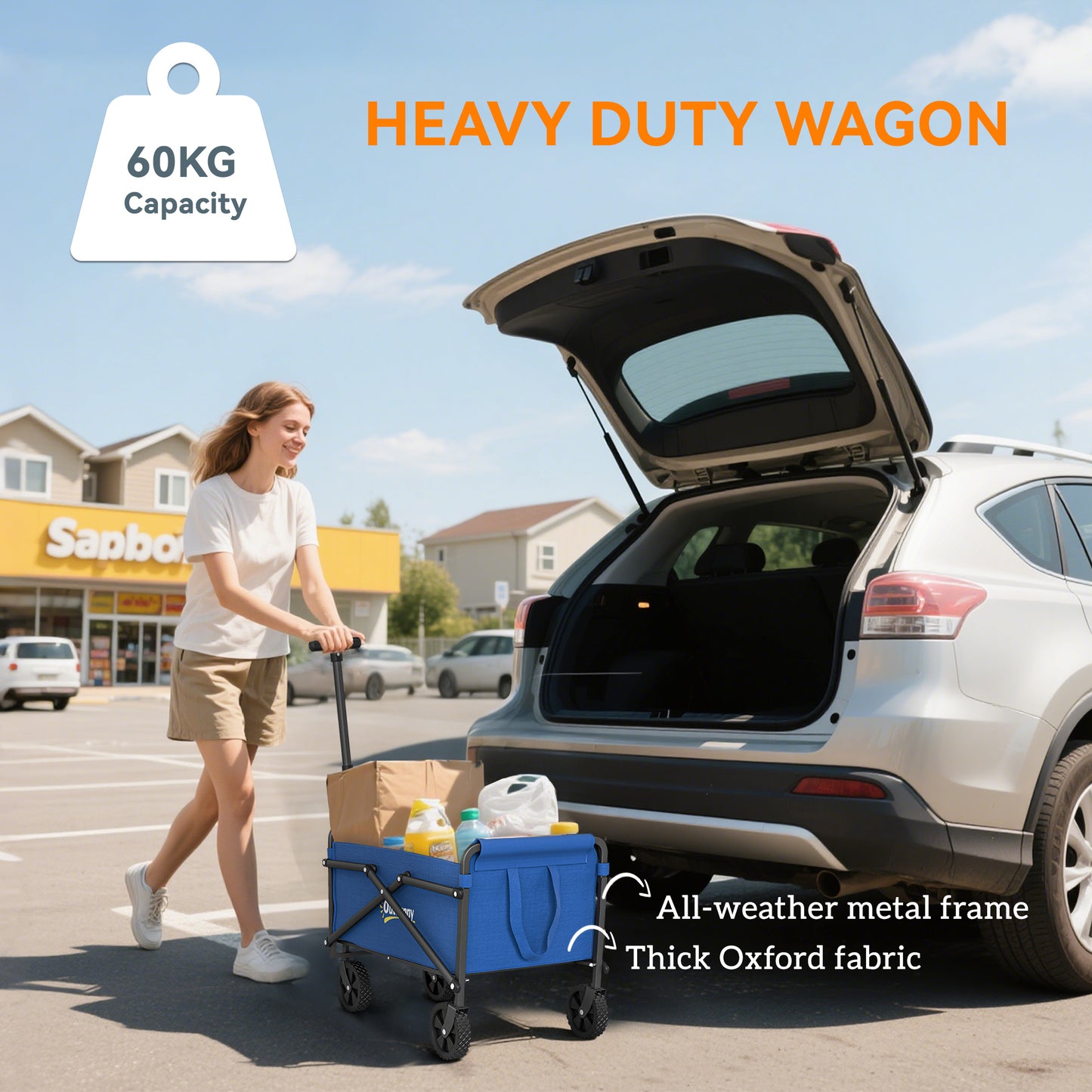 Outsunny 41L Festival Trolley on Wheels, Compact Garden Folding Trolley Cart, 60kg Heavy Duty Collapsible Foldable Wagon with Adjustable Handle and Carrying Bag for Beach, Camping, Festival, Blue