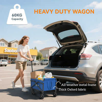 Outsunny 41L Festival Trolley on Wheels, Compact Garden Folding Trolley Cart, 60kg Heavy Duty Collapsible Foldable Wagon with Adjustable Handle and Carrying Bag for Beach, Camping, Festival, Blue