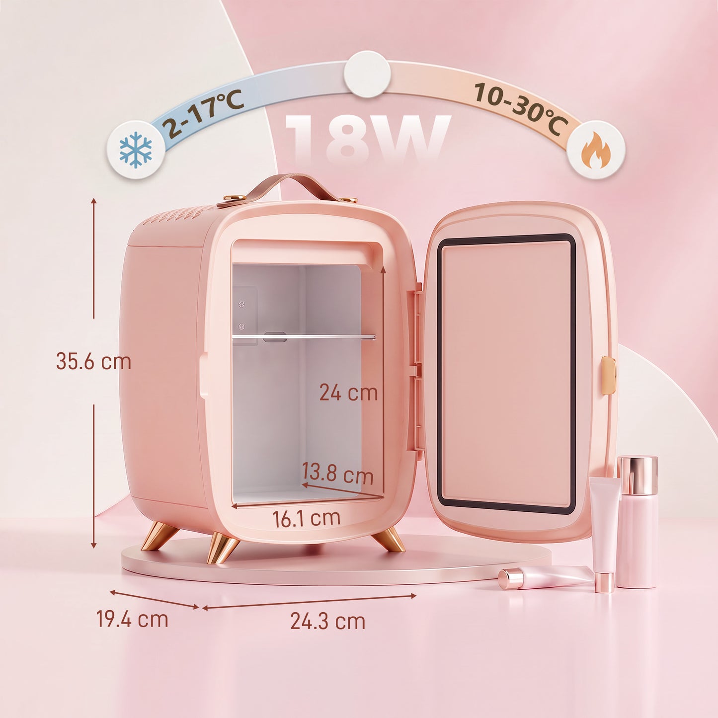 HOMCOM Skincare Refrigerator, 6L Mini Cosmetic Fridge with LED Mirror, Cooling Function for Bedroom, Skincare, Office, Pink