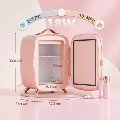 HOMCOM Skincare Refrigerator, 6L Mini Cosmetic Fridge with LED Mirror, Cooling Function for Bedroom, Skincare, Office, Pink