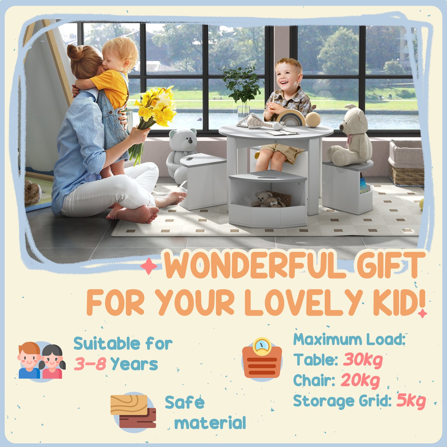 AIYAPLAY Five-Piece Kids Table and Chairs Set with Storage, for Ages 3-8 Years, Grey