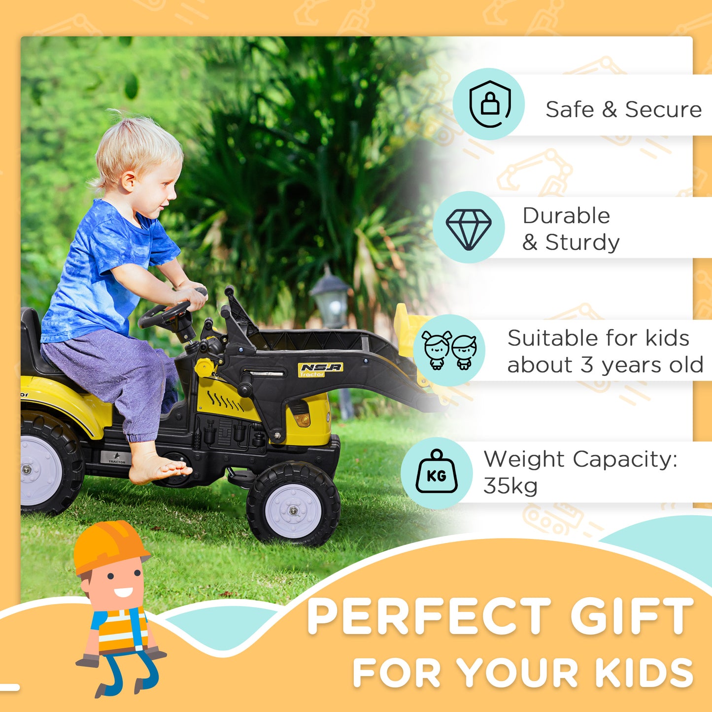 HOMCOM Ride On Tractor, Toddler Excavator Toy, Pretend Play Construction Truck with Adjustable Bucket, Horn for 3 Years+