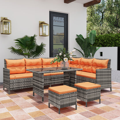 Outsunny 7-Seater Patio wicker Sofa Set Rattan Chair Furniture w/ Glass & Cushioned, Orange