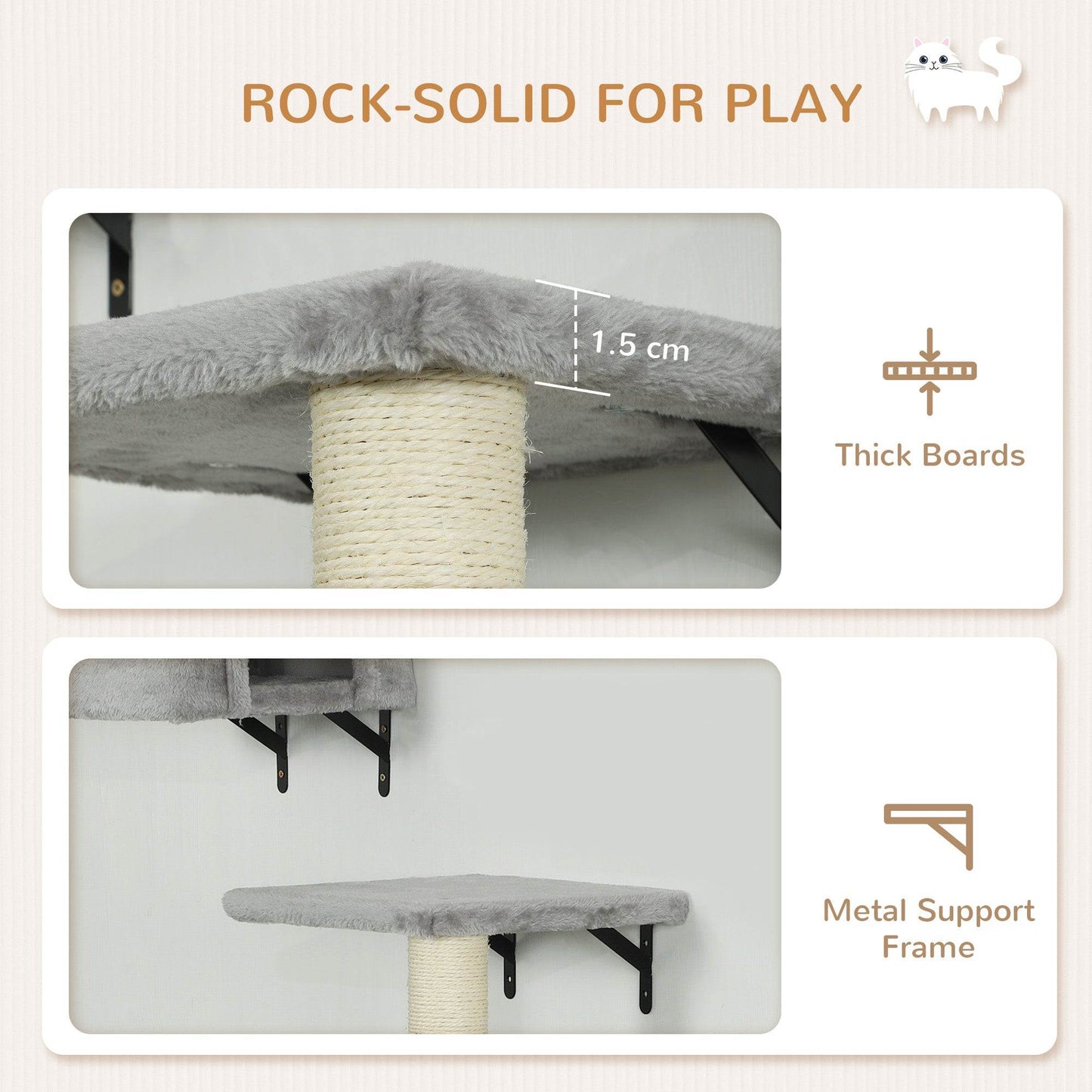 PawHut 6-Piece Cat Wall Shelves Set with Condo, Cat Wall Furniture with Platforms, Sisal Scratching Post, Bed, Toy Ball, Grey