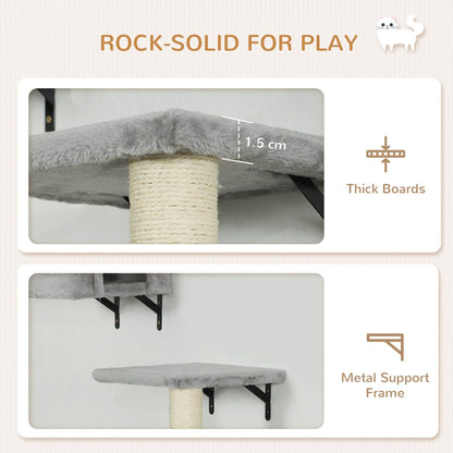 PawHut 6-Piece Cat Wall Shelves Set with Condo, Cat Wall Furniture with Platforms, Sisal Scratching Post, Bed, Toy Ball, Grey