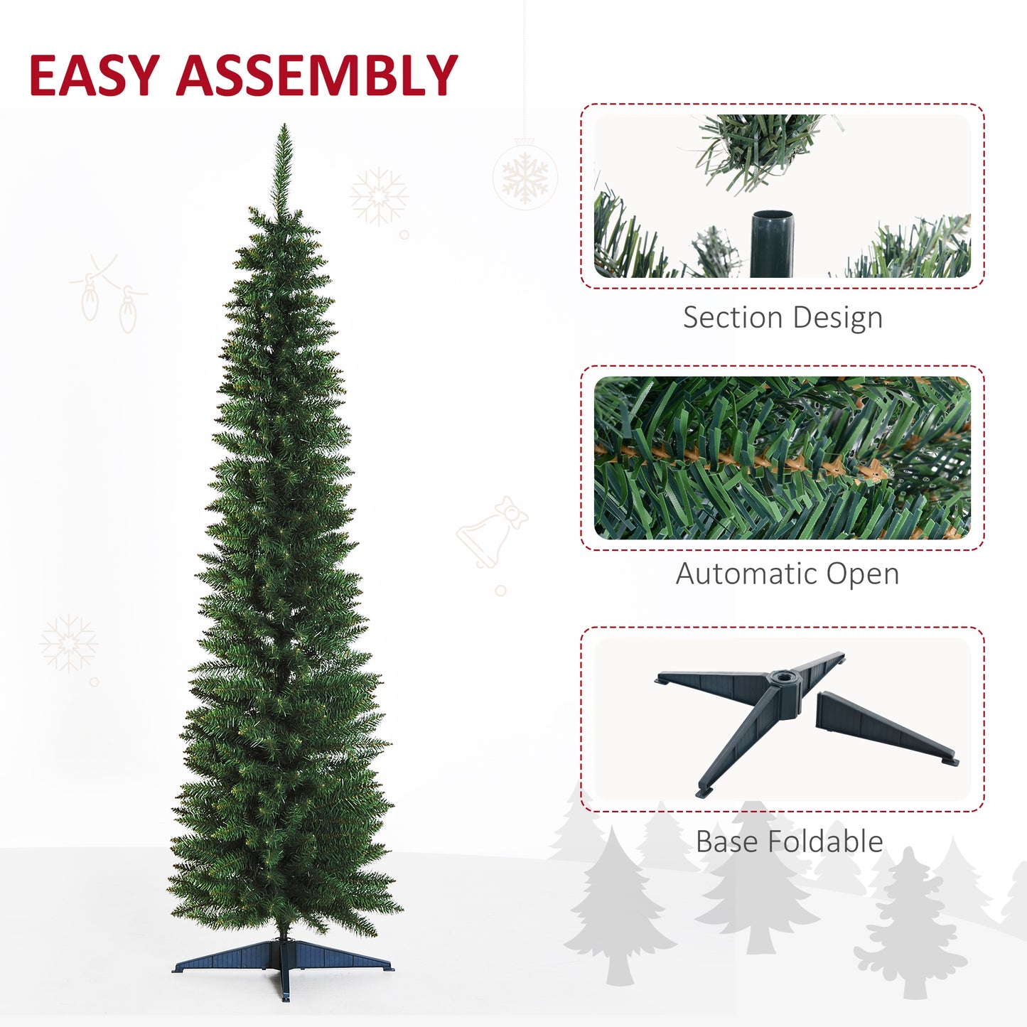 HOMCOM 7ft Unlit Artificial Christmas Tree, Pencil Slim Xmas Tree with Solid Stand and Realistic Branches, Green