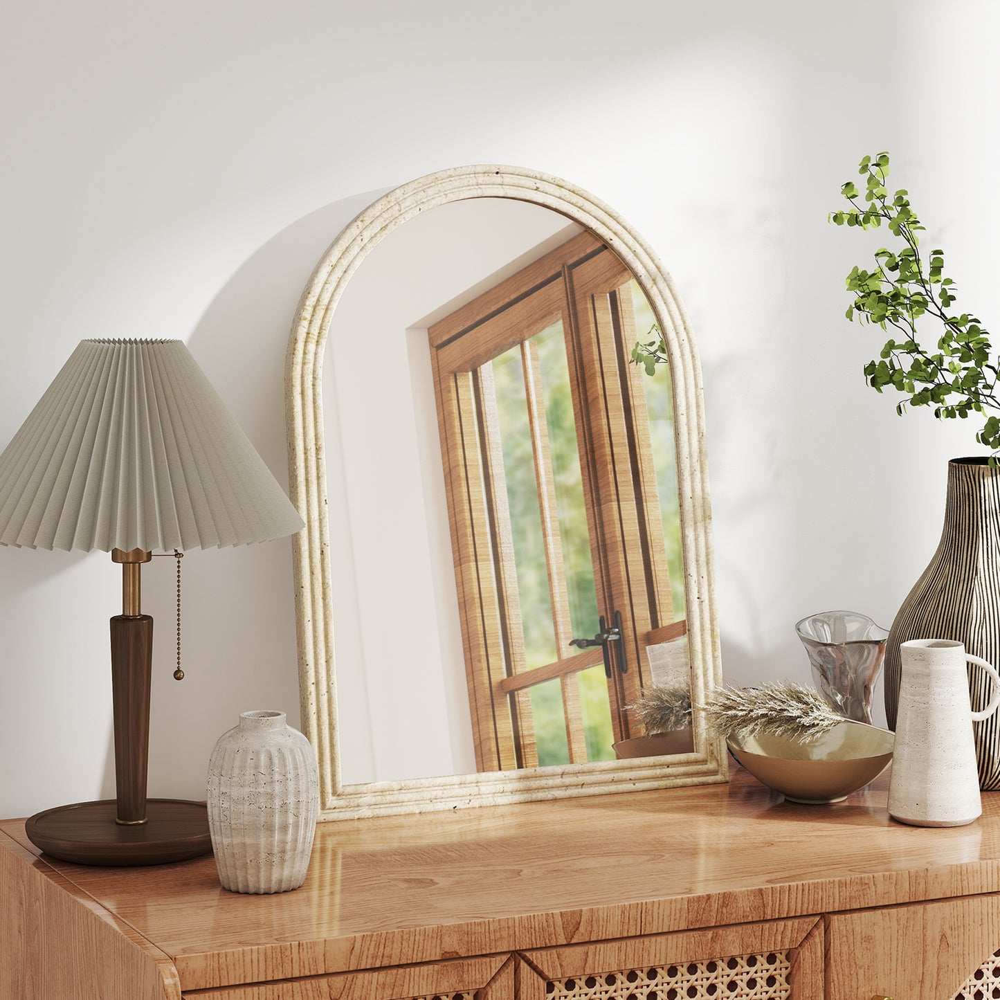 HOMCOM Arched Wall Mirror with Grooved Edge & Hooks, Wall-Mounted Mirror, Modern Tempered Glass & Polystyrene Beige