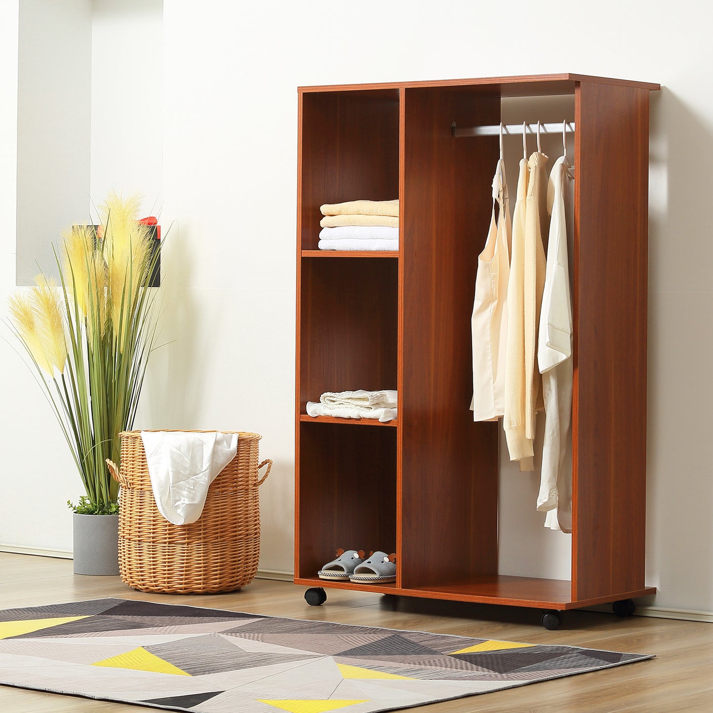 HOMCOM Open Wardrobe on Wheels, Bedroom Wardrobe with Clothes Hanging Rail, 3 Storage Shelves, Mobile Garment Rack for Cloakroom, Hallway, Walnut-Corner Wardrobes-ChewyGames-ChewyGames