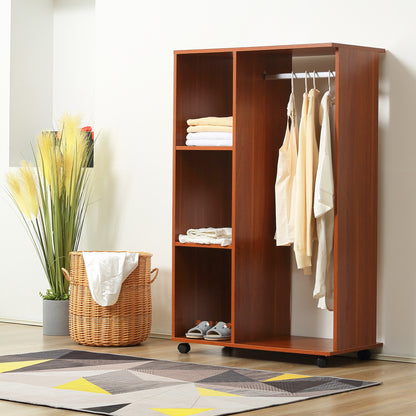 HOMCOM Open Wardrobe on Wheels, Bedroom Wardrobe with Clothes Hanging Rail, 3 Storage Shelves, Mobile Garment Rack for Cloakroom, Hallway, Walnut-Corner Wardrobes-ChewyGames-ChewyGames