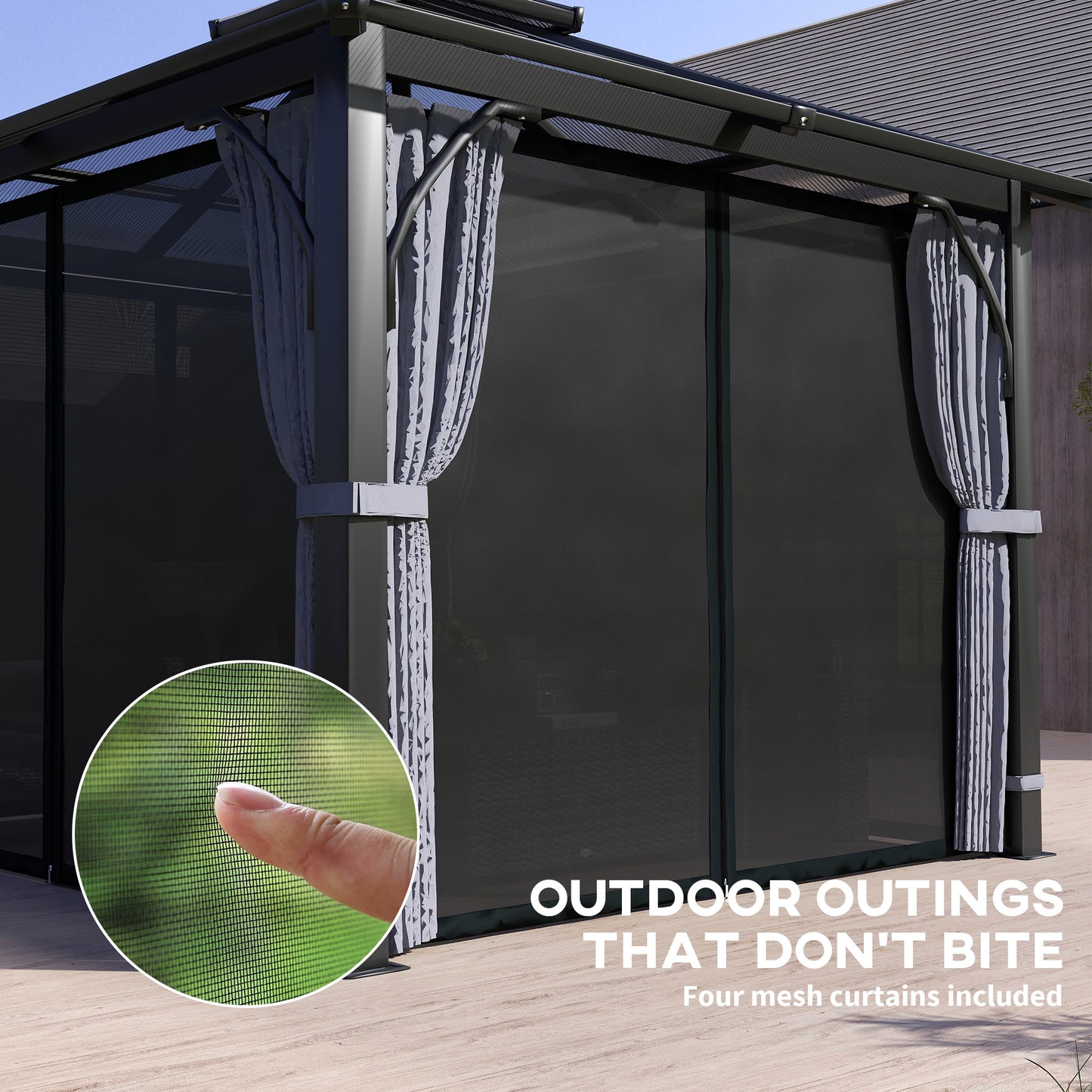 Outsunny 3 x 3(m) Hardtop Gazebo Canopy with 7mm Polycarbonate Double-Tier Roof, Garden Gazebo Permanent Pavilion with Mosquito Netting and Curtains for Patio, Terrace, Dark Grey