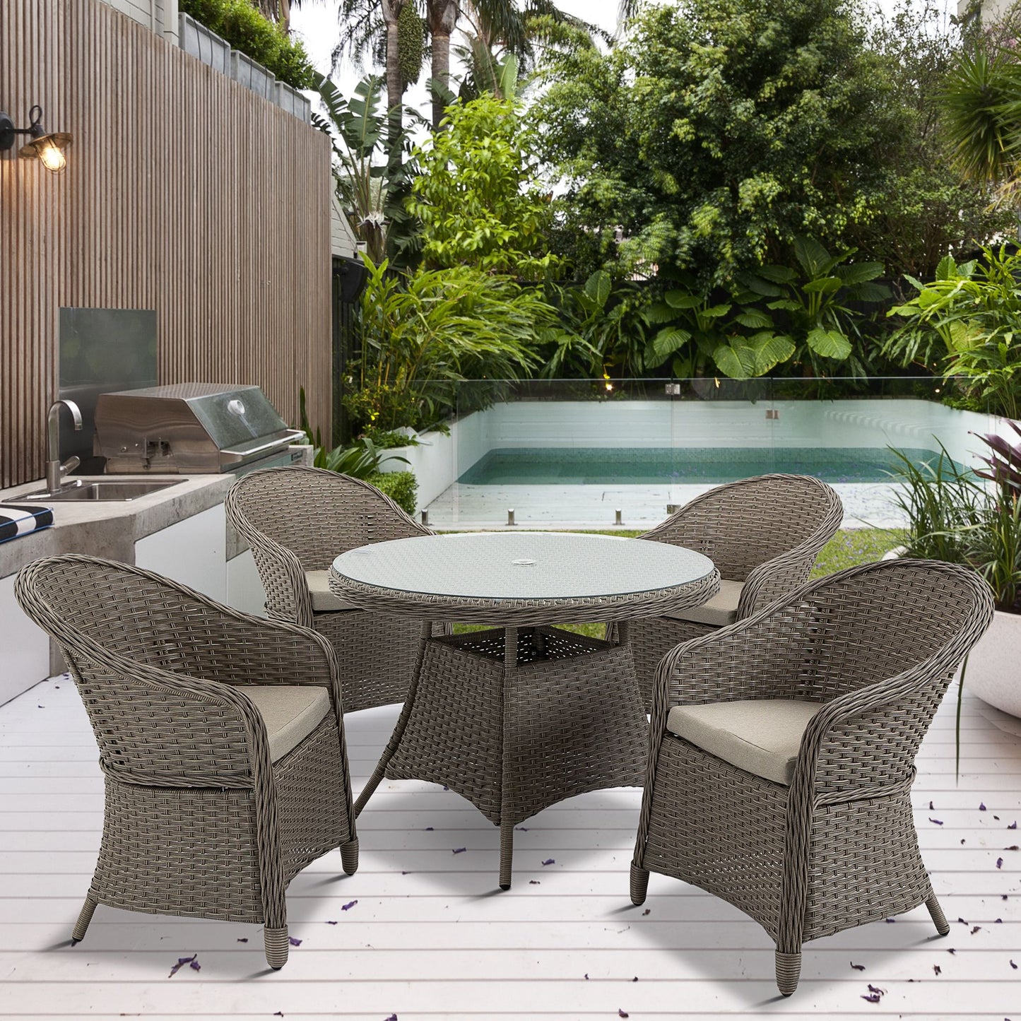 Outsunny 4 Seater Rattan Garden Furniture Set with Cushions, Round PE Rattan Dining Set with Glass-Top Table, Umbrella Hole, Outdoor Garden Table and Chairs, Mixed Grey