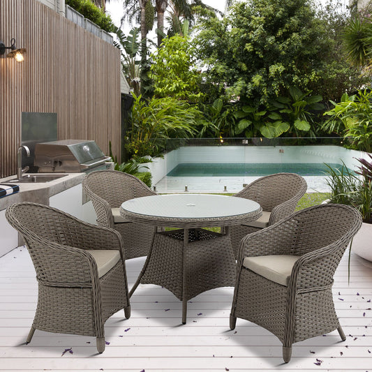 Outsunny 4 Seater Rattan Garden Furniture Set with Cushions, Round PE Rattan Dining Set with Glass-Top Table, Umbrella Hole, Outdoor Garden Table and Chairs, Mixed Grey