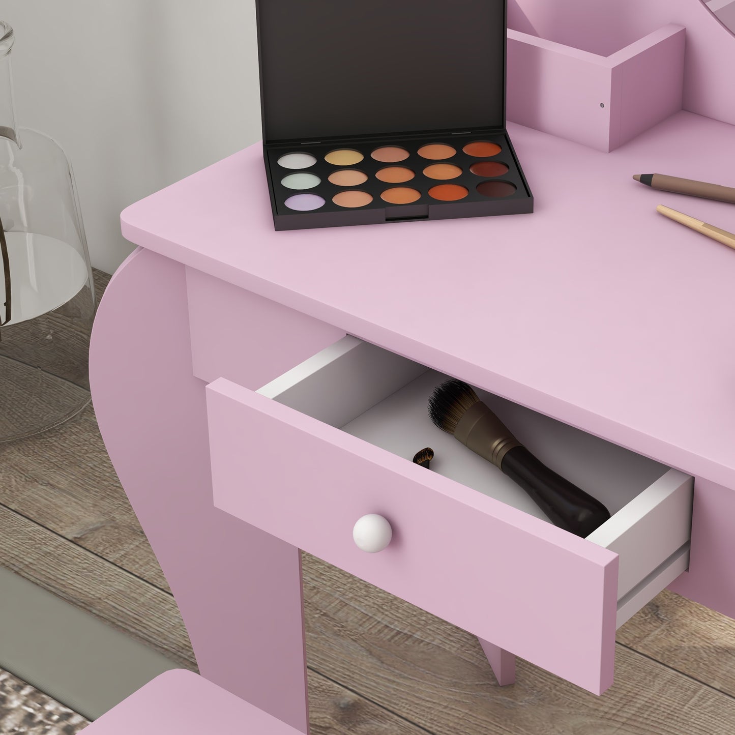 ZONEKIZ Kids Vanity Table with Mirror, Stool, Drawer, Storage Boxes, Cat Design, for Ages 3-6 Years - Pink--ChewyGames-ChewyGames