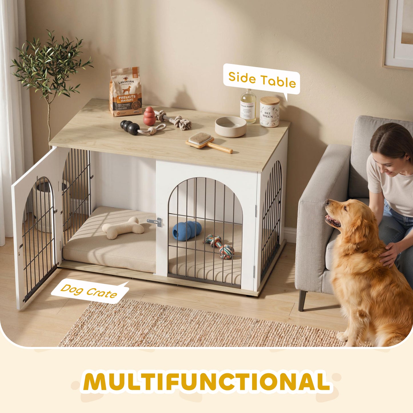 PawHut Dog Crate Furniture, Indoor Dog Cage with Double Doors for Large Breeds, Pet Kennel End Side Table