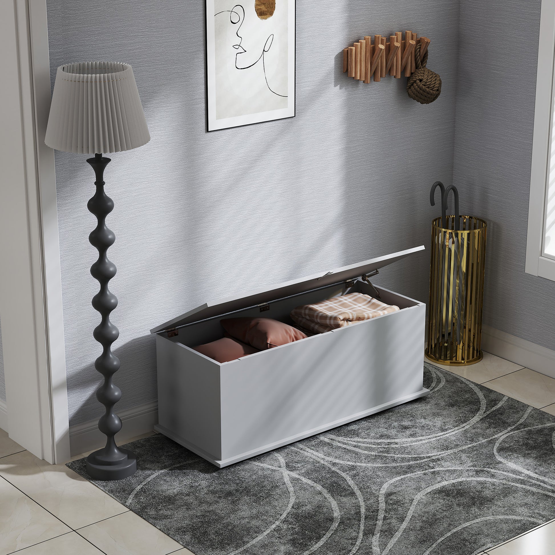 HOMCOM Storage Chest, Large 113L Blanket Box, Shoe Bench with Safety Hinged Lid, Storage Trunk, Bed End Bench for Bedroom, Hallway, Living room, Playroom, 100 x 40 x 40cm, Grey--ChewyGames-ChewyGames