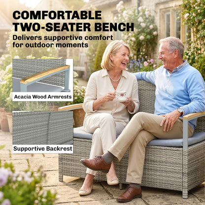 Outsunny 170 L Garden Storage Bench with Zipped Liner, 2 Seater Rattan Garden Bench with Storage, Gas Strut, Cushion, Light Grey