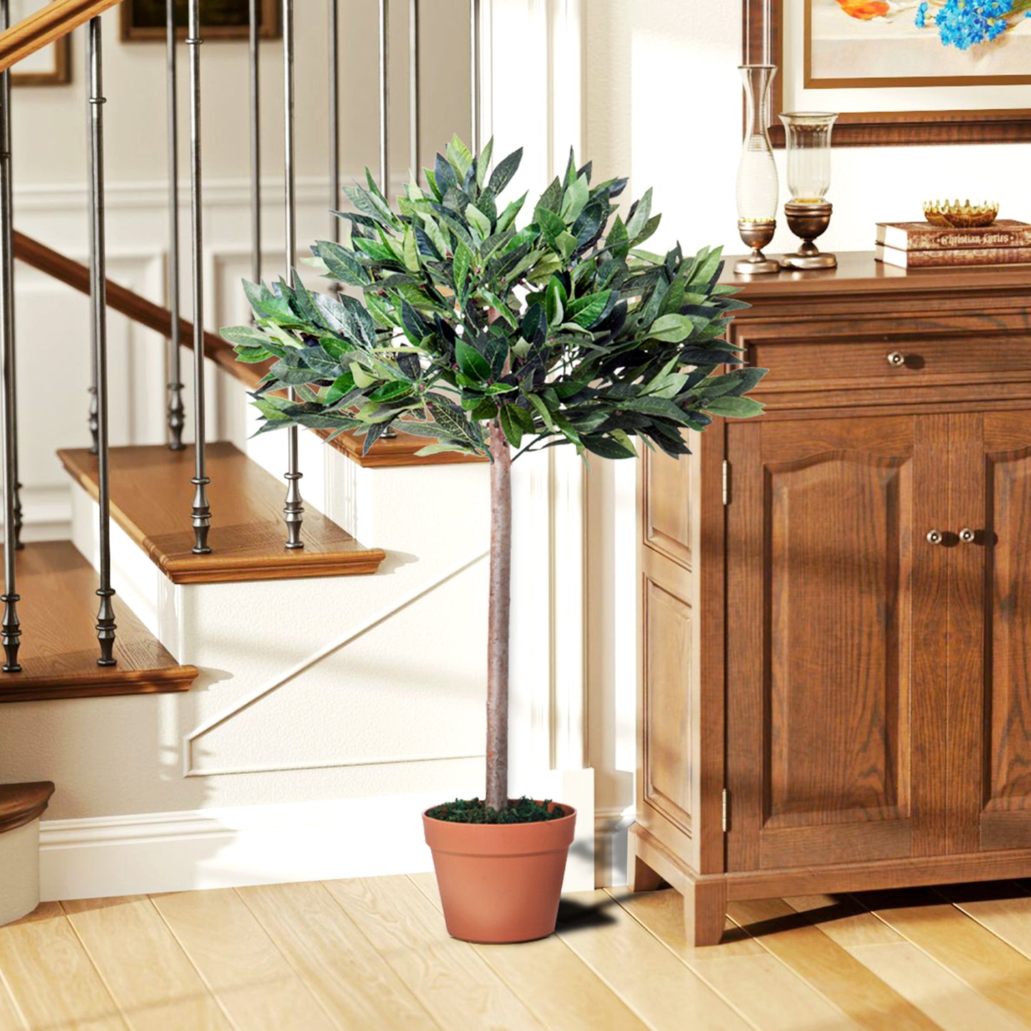 Outsunny 3ft Artificial Laurel Tree Indoor Plant Greenery for Home Office Potted in An Orange Pot