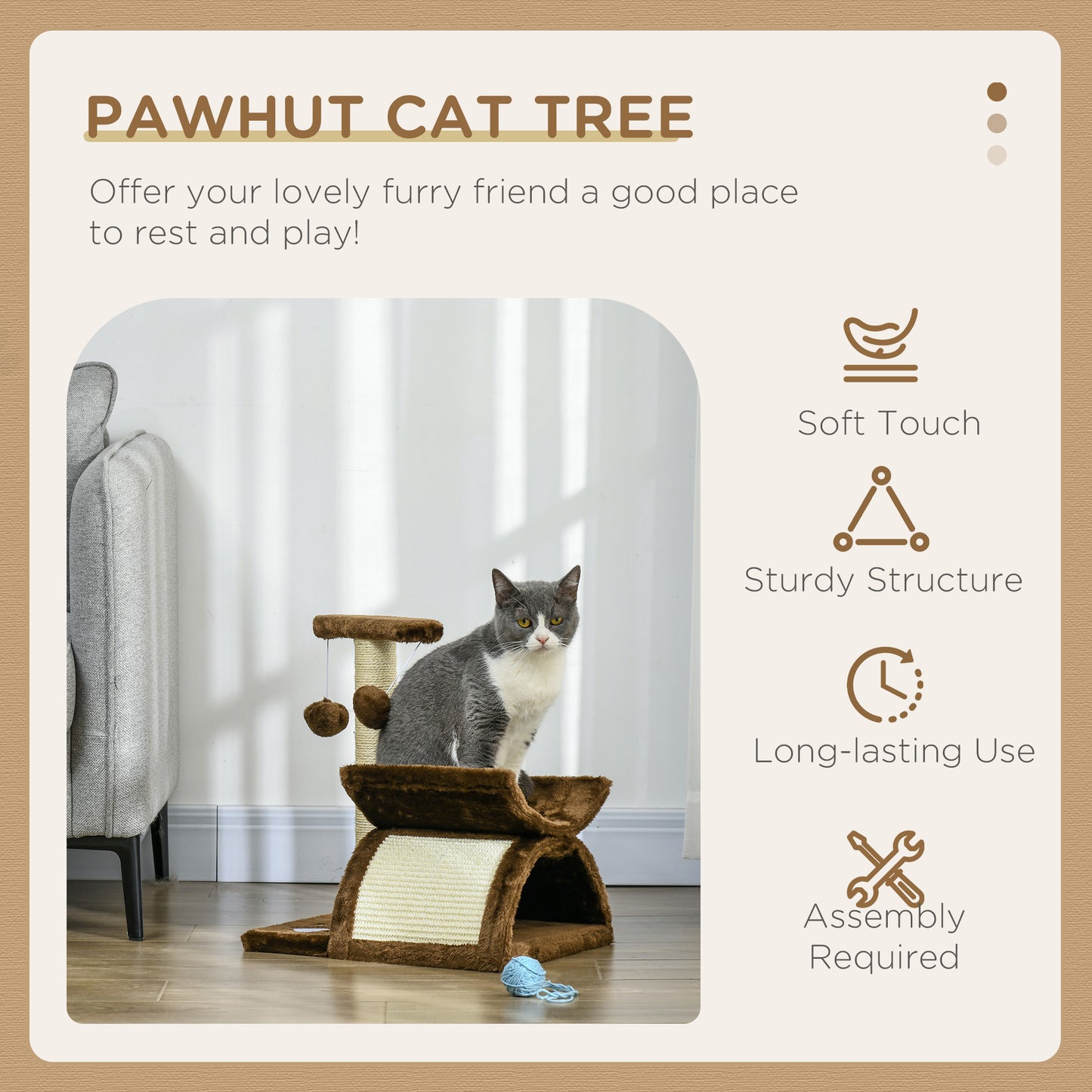 PawHut Cat Tree, Cat Tower for Kittens with Rotatable Top Bar, Sisal Scratching Post, Tunnel, Dangling Balls - Brown--ChewyGames-ChewyGames