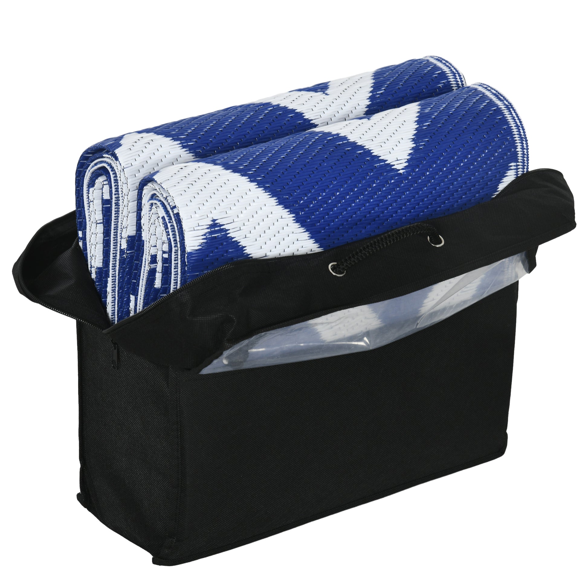 Outsunny Plastic Straw Reversible RV Outdoor Rug with Carry Bag, 182 x 274cm, Blue and White--ChewyGames-ChewyGames