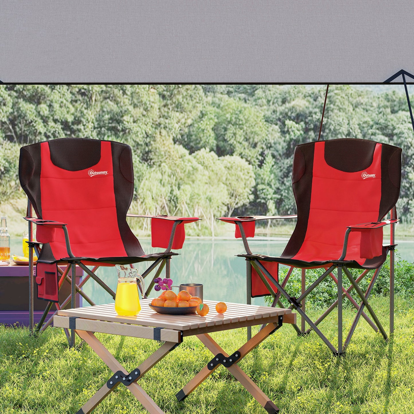 Outsunny Set of 2 Folding Camping Chairs, Padded Camping Chairs with Adjustable Armrests, Portable & Lightweight Folding Camp Chair with Cooler Bag, Cup Holder and Side Pockets, Red