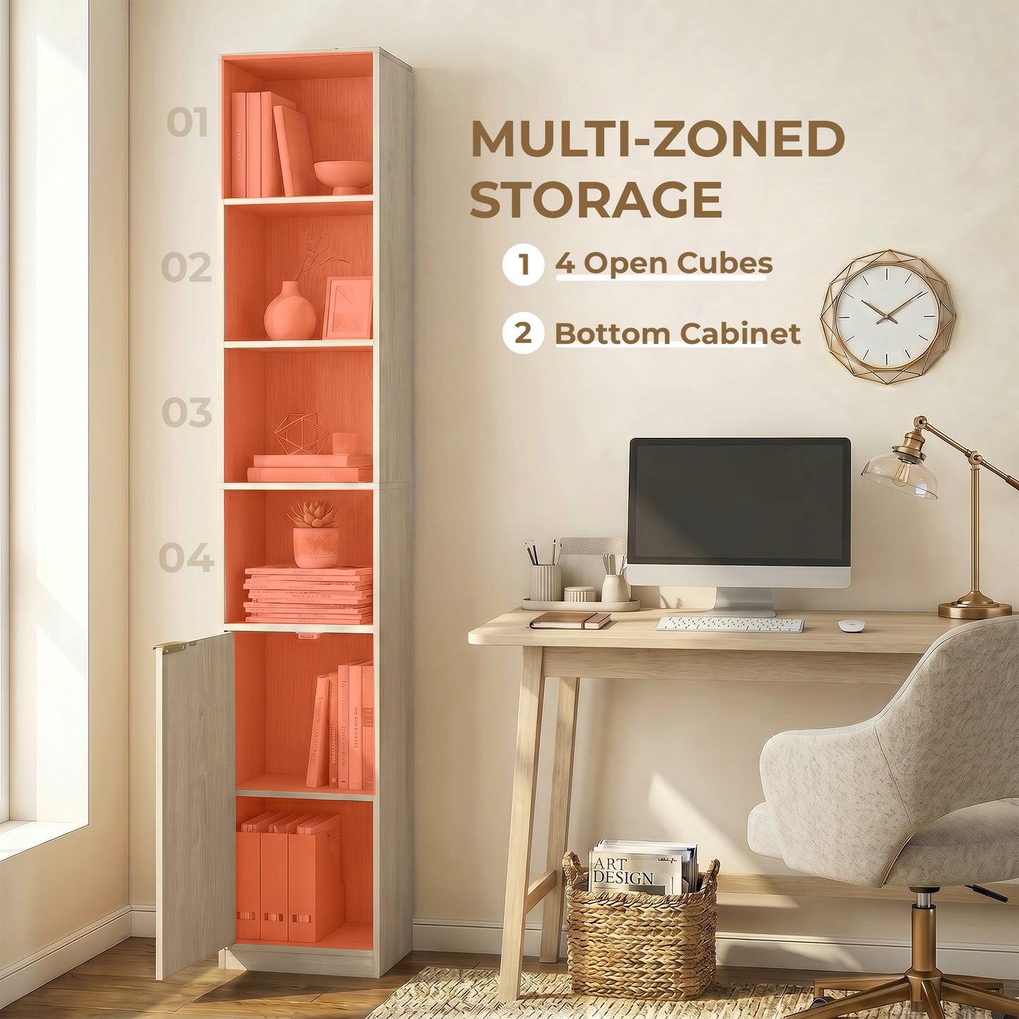 HOMCOM Bookcase Adjustable Shelf Bookshelf Anti-Tip Hardware 6-Tier Storage Cabinet Oak Wood Effect