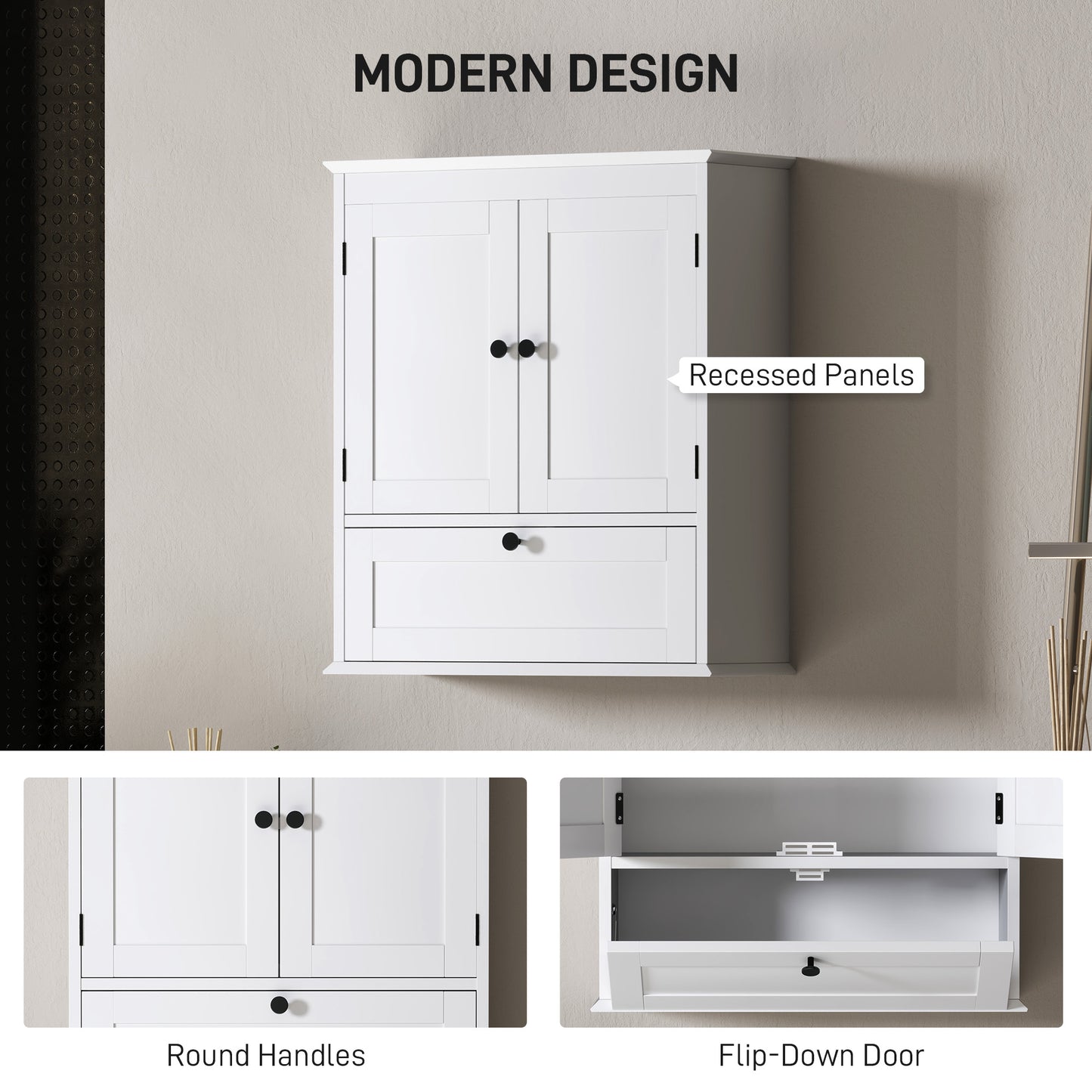 HOMCOM Bathroom Wall Cabinet with Adjustable Shelf and Recessed Doors, White