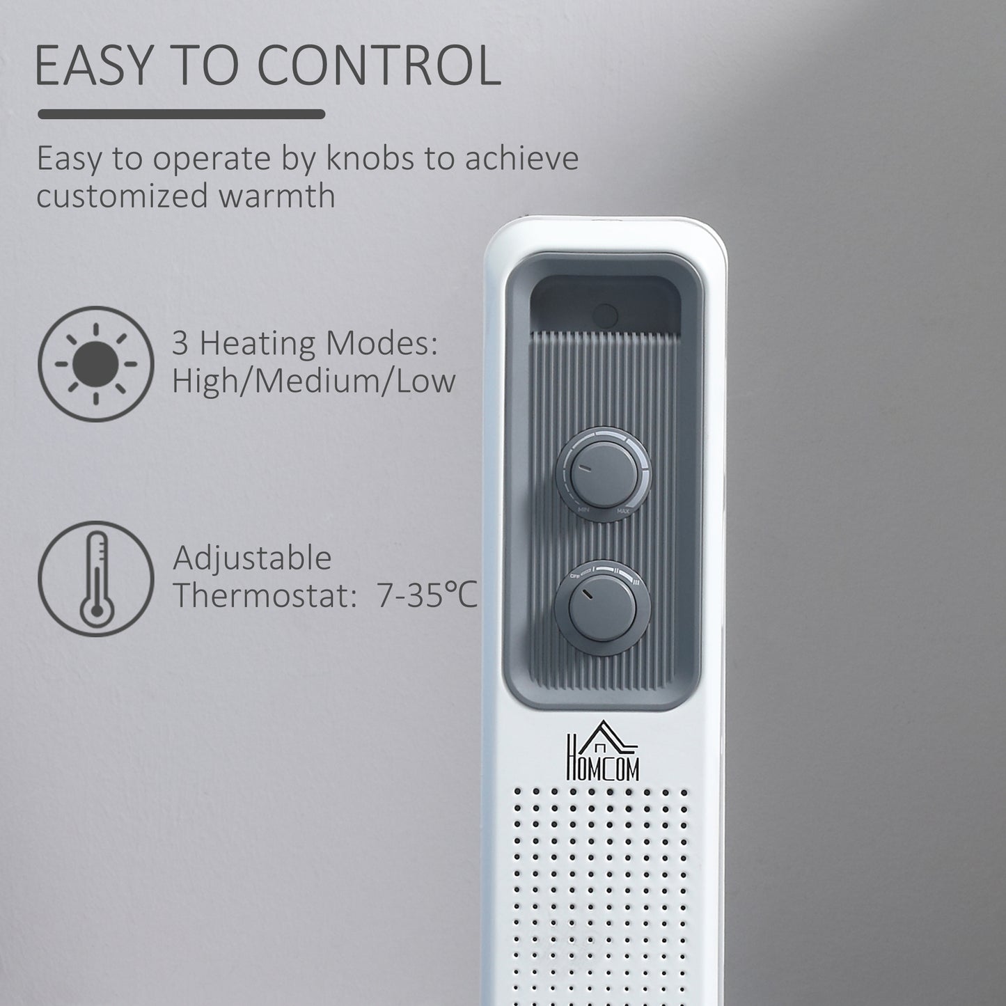 HOMCOM 1500W Oil Filled Radiator, Portable Electric Heater with 3 Heat Settings, Safety Cut-Off and Wheels, White