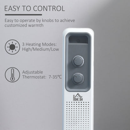 HOMCOM 1500W Oil Filled Radiator, Portable Electric Heater with 3 Heat Settings, Safety Cut-Off and Wheels, White