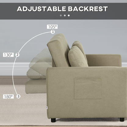 HOMCOM Loveseat Sofa Bed, Convertible Bed Settee with 2 Pillows, Side Pockets, Light Brown