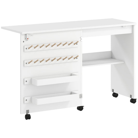 HOMCOM Folding Sewing Table, Rolling Craft Table with Storage compartments, Shelf and Lockable Casters for Small Spaces, White