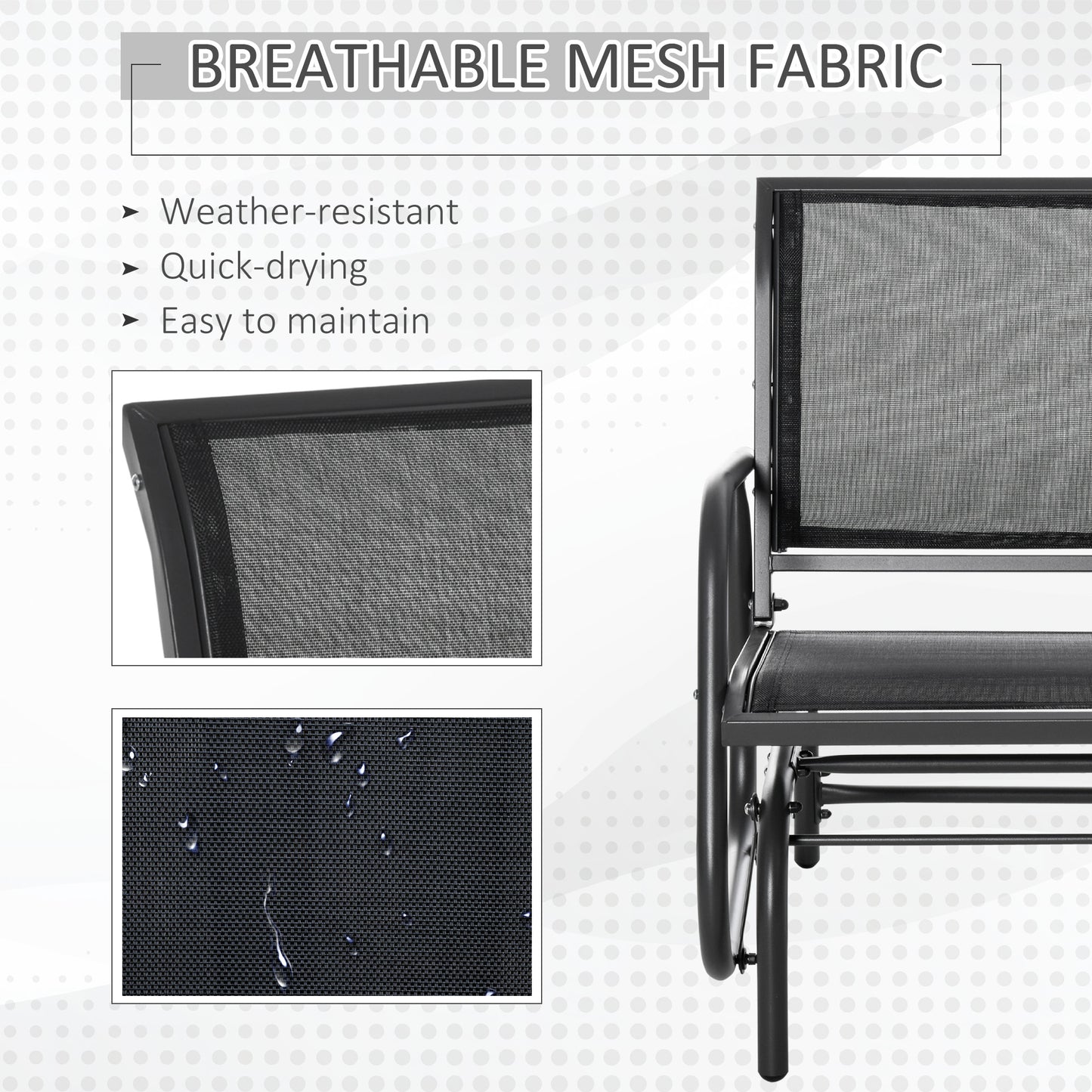 Outsunny Outdoor Garden Glider Chair, Metal Frame Single Armchair Swing Seater w/ Breath Mesh Fabric Seat, Curved Backrest, Armrests, for Living Room, Patio, Porch, Dark Grey