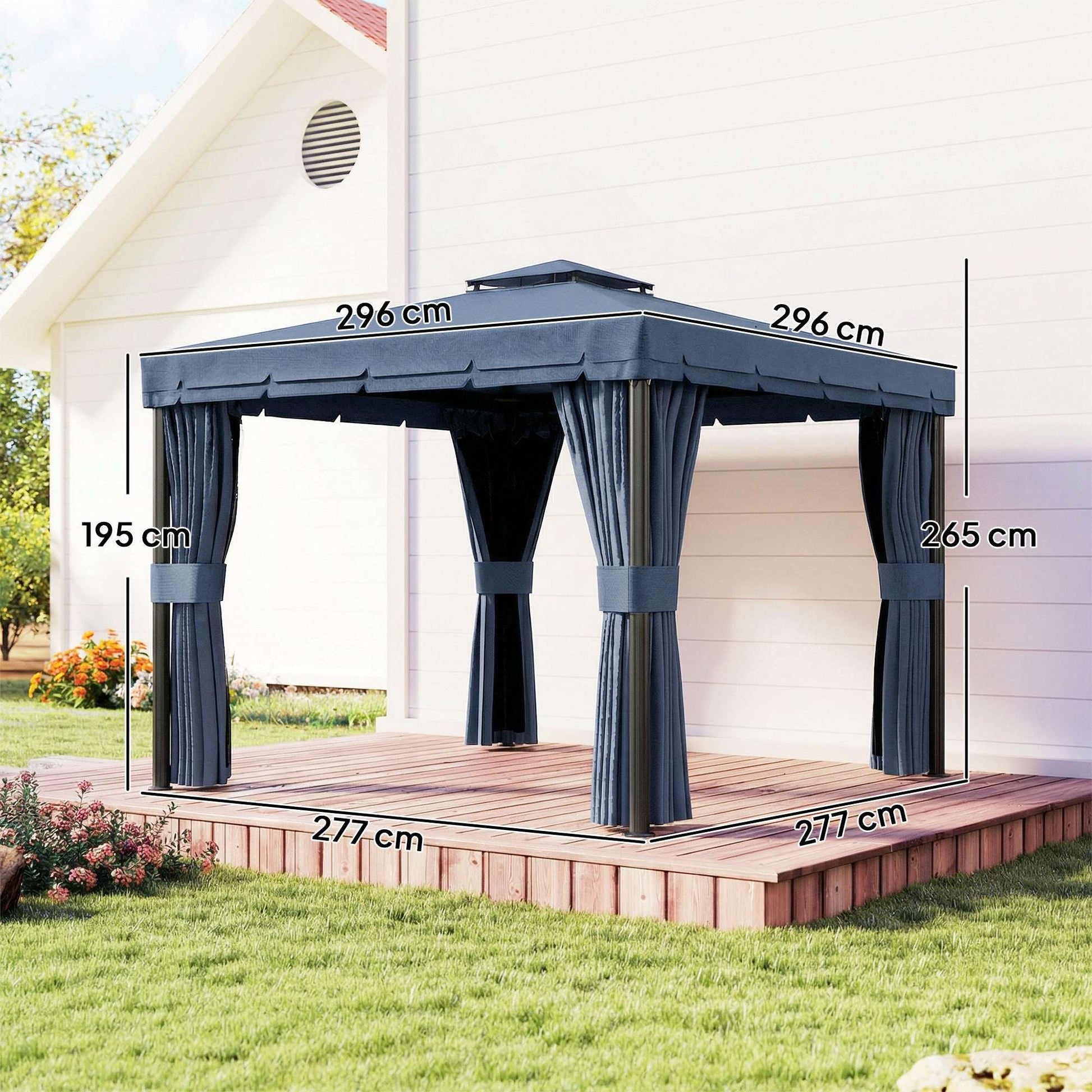 Outsunny 3 x 3(m) Patio Gazebo Canopy Garden Pavilion Tent Shelter Marquee with 2 Tier Roof, Netting and Curtains, Dark Blue