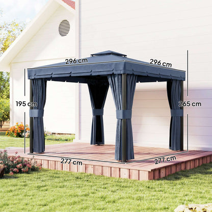 Outsunny 3 x 3(m) Patio Gazebo Canopy Garden Pavilion Tent Shelter Marquee with 2 Tier Roof, Netting and Curtains, Dark Blue