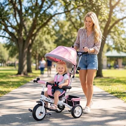 HOMCOM 6 in 1 Kids Trike Push Bike w/ Push Handle, Canopy, 5-point Seat Belt, Storage, Footrest, Brake, for 1-5 Years, Pink