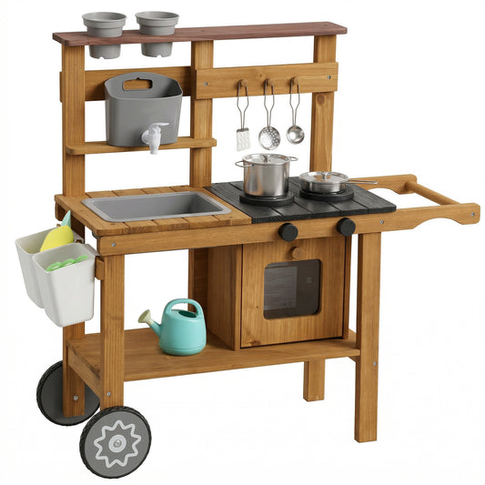 AIYAPLAY Wooden Mud Kitchen with Wheels, Stove, Faucet, Flower Pots, Stainless Steel Accessories for Toddlers 3-6, Brown-Toy Kitchens-ChewyGames-ChewyGames