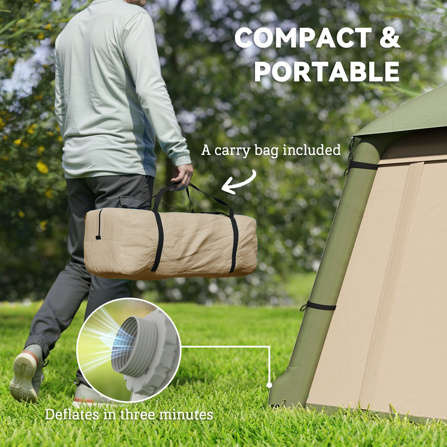 Outsunny Inflatable Camping Tent w/ Hand Pump, Easy Setup 1/2 Person Blow Up Tent Waterproof 190T Taffeta w/ Mesh Windows, Doors and Carry Bag, Brown