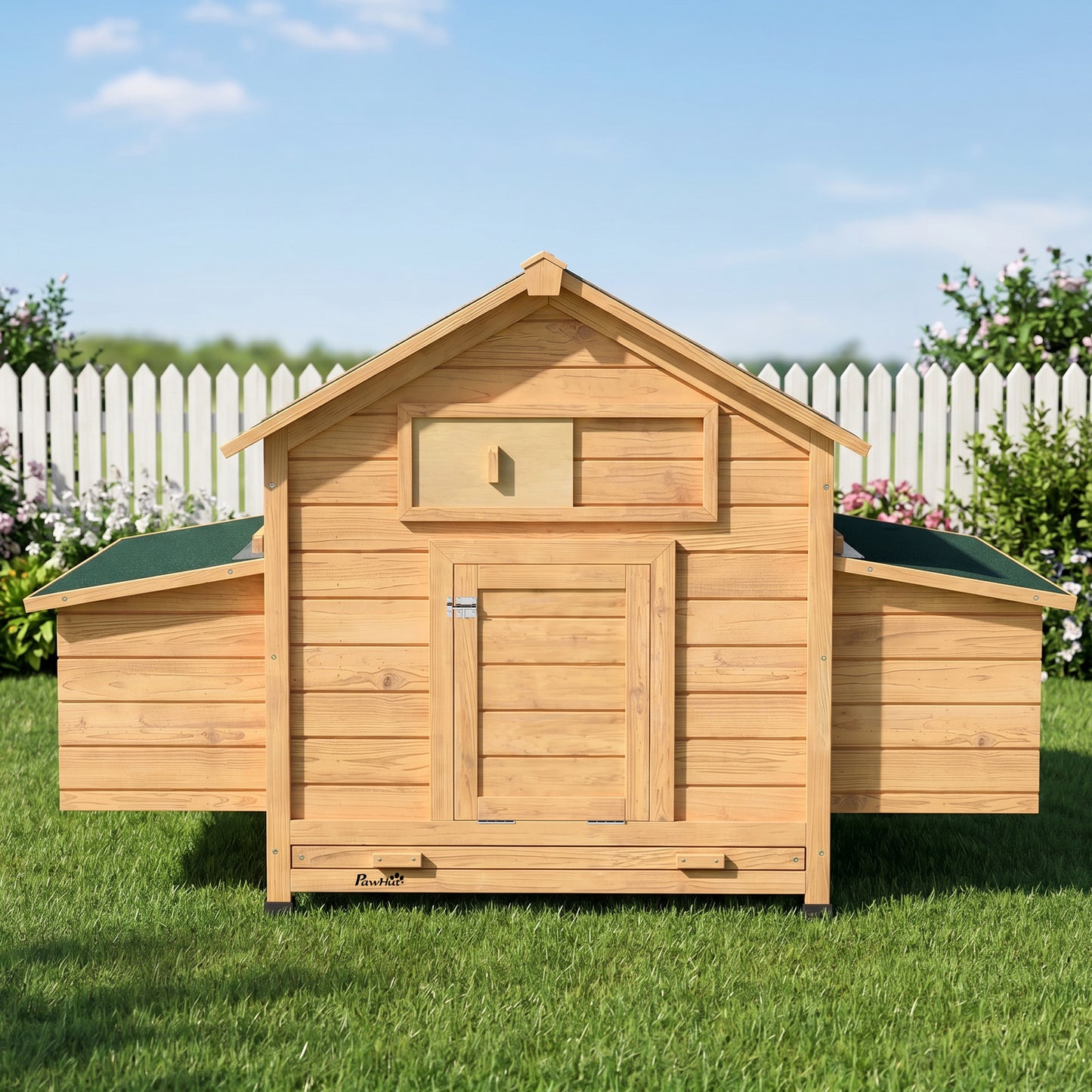 PawHut Chicken Coop, Wooden Outdoor Hen House with Nesting Box, Openable Waterproof Top, Pull-Out Tray, 150 x 100 x 97cm