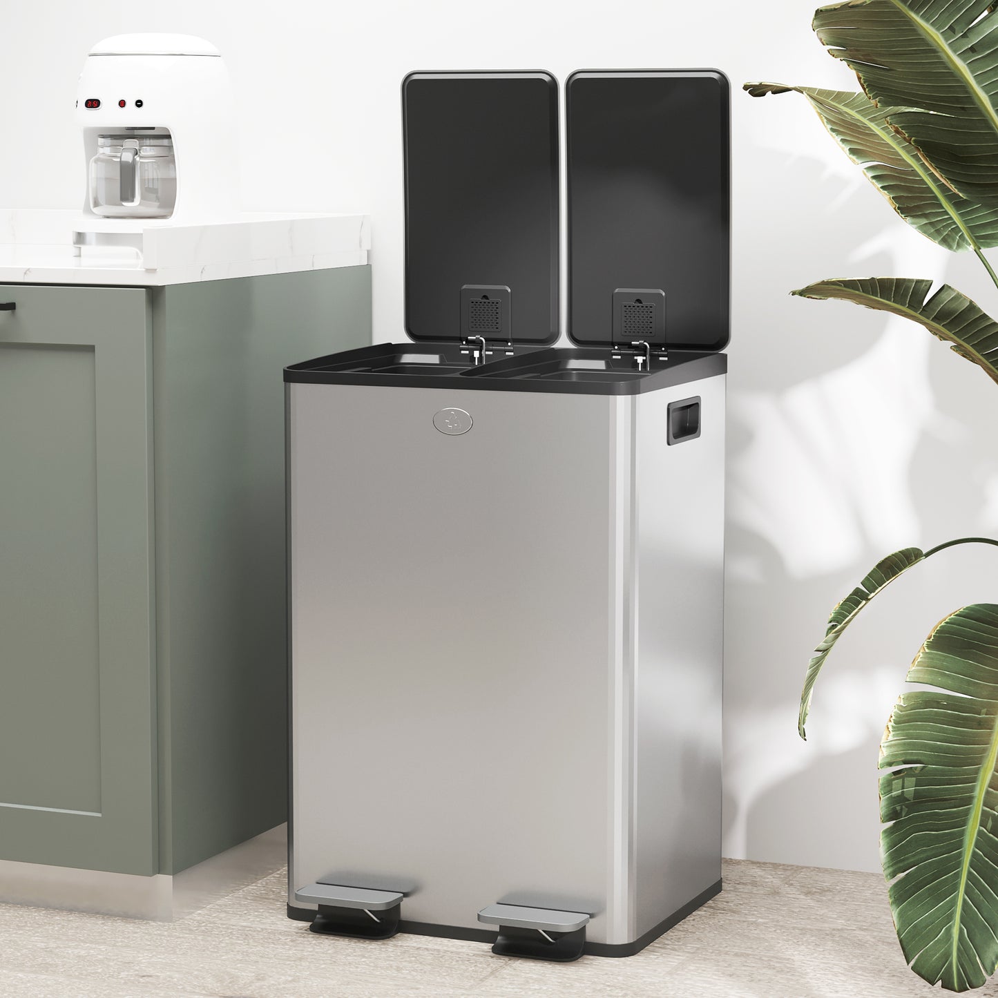 HOMCOM 56L Dual Compartment Stainless Steel Bin, with Deodoriser Holders - Silver Tone