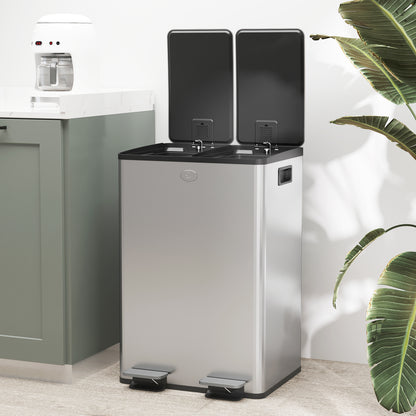 HOMCOM 56L Dual Compartment Stainless Steel Bin, with Deodoriser Holders - Silver Tone