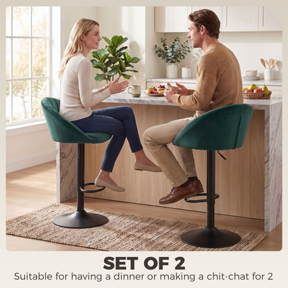 HOMCOM Bar Stools Set of 2 Adjustable Swivel Velvet Breakfast Bar Stools with Backrest, Dark Green