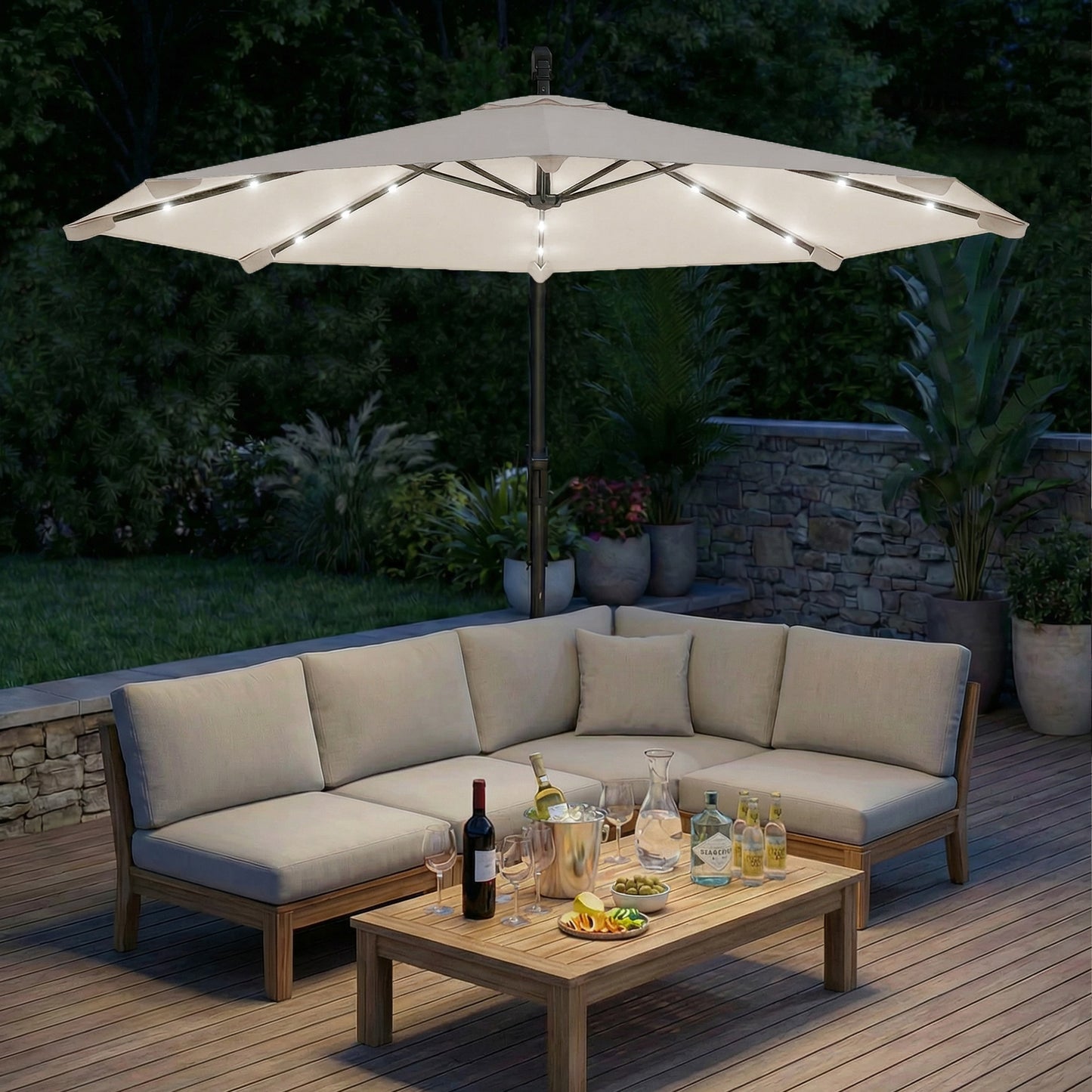 Outsunny 3 m Cantilever Parasol with Solar LED Lights Garden Umbrella with Cross Base, Cream White