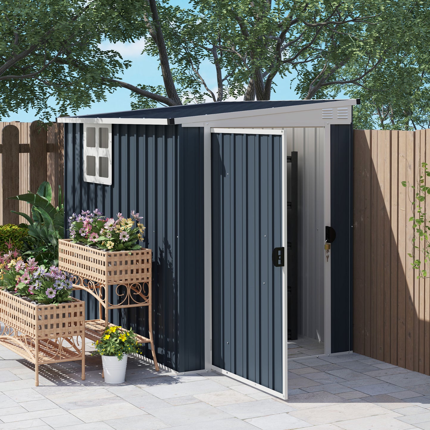 Outsunny 4 x 6ft Garden Metal Shed, Outdoor Storage Shed with Window, 2 Vents and Lockable Door, Dark Grey