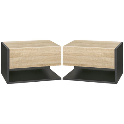 HOMCOM Floating Bedside Table Set of 2, Wall Mounted Bedside Cabinet with Drawer and Open Shelf, Modern Nightstand for Bedroom, 46 x 30 x 30 cm, Oak Tone