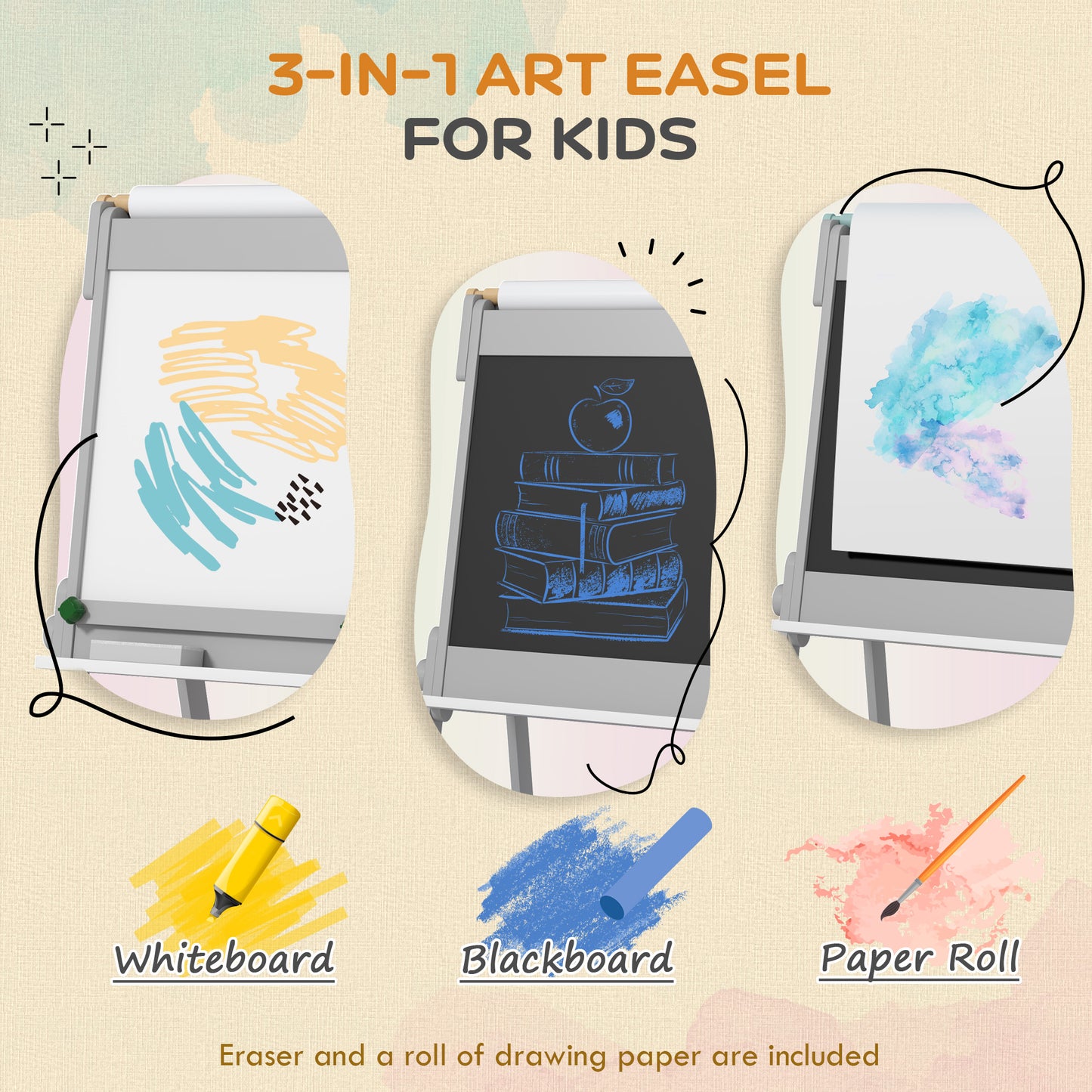 AIYAPLAY Art Easel for Kids with Paper Roll, Double-Sided Painting Easel with Chalkboard, Whiteboard