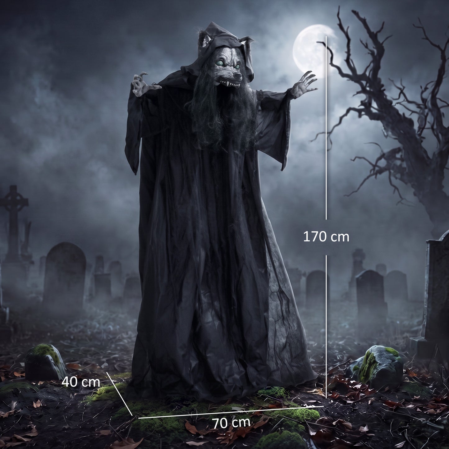 HOMCOM 67"/170cm Life Size Animated Ghost with Werewolf Mask, Halloween Decorations Outdoor Indoor, Scary Halloween Animatronic