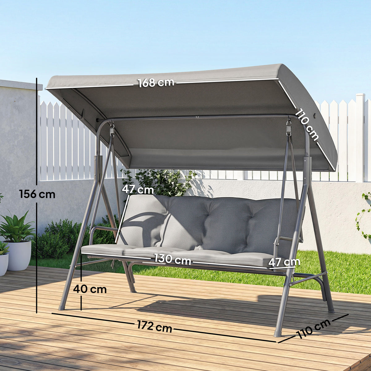 Outsunny 3 Seater Garden Swing Chair, Patio Rocking Bench with Tilting Canopy, Removable Cushion and Steel Frame, Dark Grey